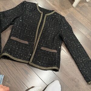 Chic Black Tweed Blazer with Gold Detailing